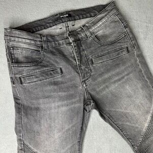 Balmain Biker Jeans Mens 27 Grey Ribbed Moto Slim Fit Italy 6N5650 NA320